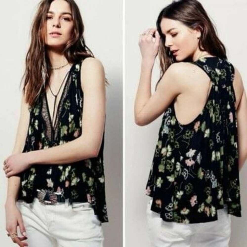 Free People Love Potion Black Floral Lace Tie Flowy Boho Cottage Fairy Tank Top